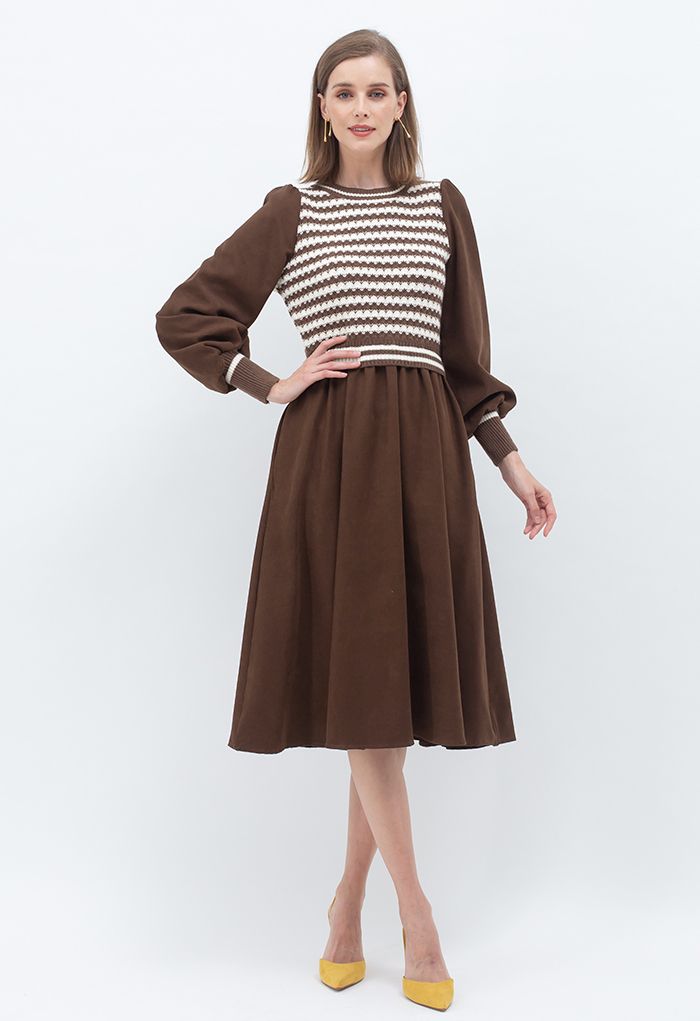 Striped Knit Spliced Midi Dress in Brown