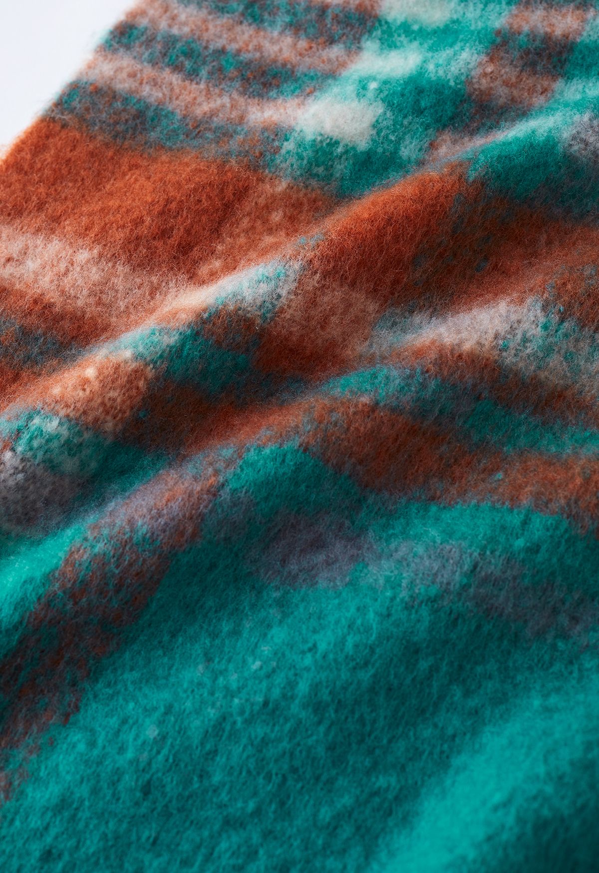 Fuzzy Mohair Plaid Pattern Scarf in Turquoise
