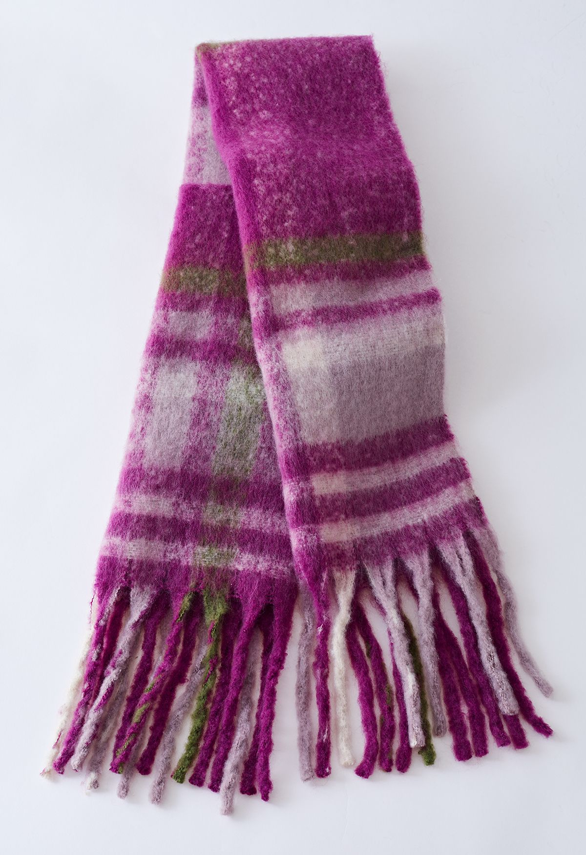 Fuzzy Mohair Plaid Pattern Scarf in Plum