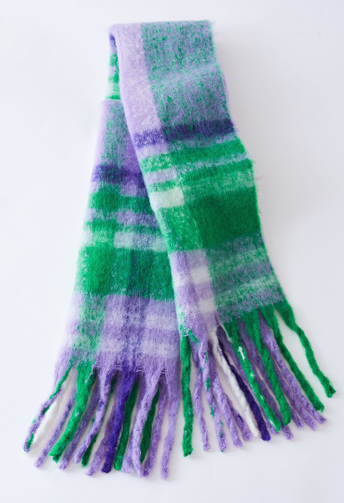 Fuzzy Mohair Plaid Pattern Scarf in Lilac