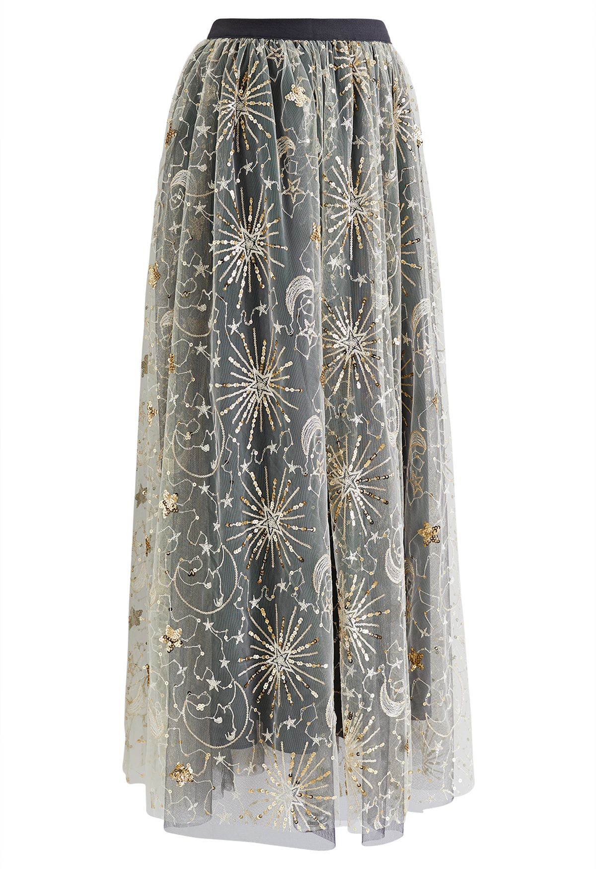 Moon and Star Sequin-Embellished Tulle Maxi Skirt in Black