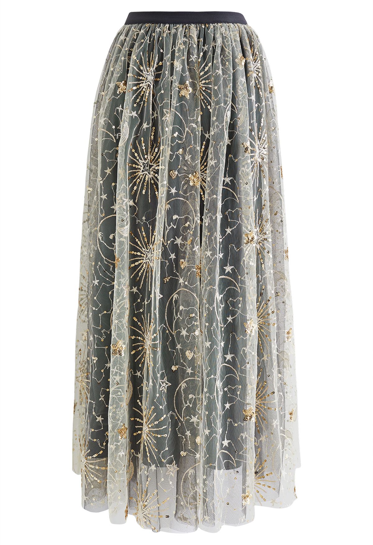 Moon and Star Sequin-Embellished Tulle Maxi Skirt in Black