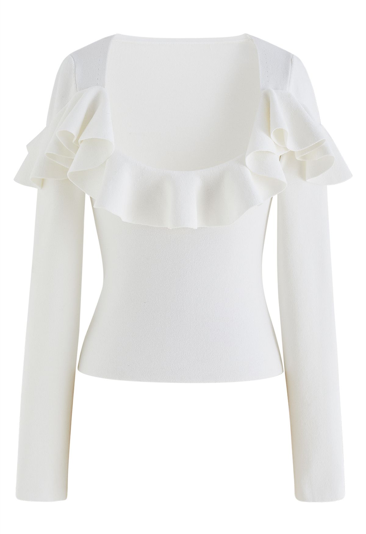 Sassy Wide Ruffled Neckline Knit Top in White