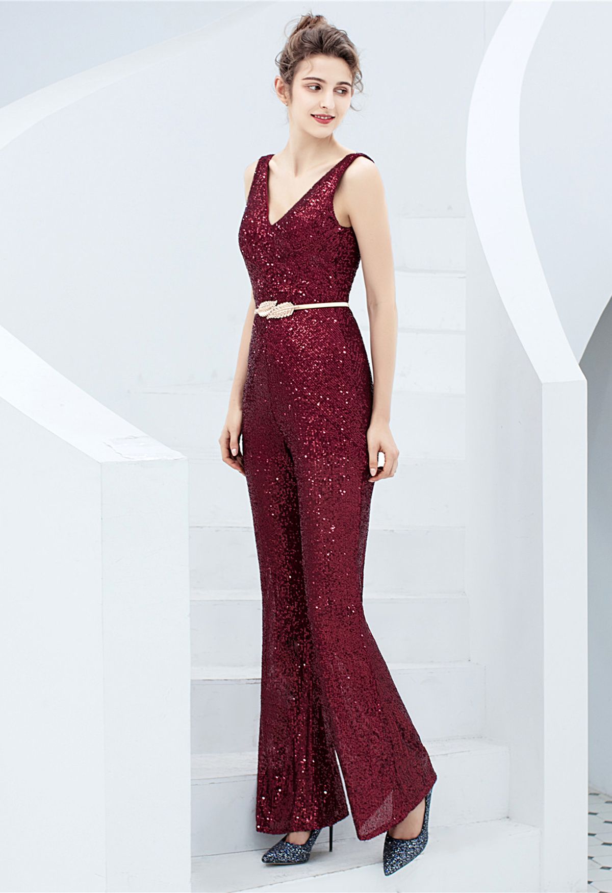 V-Neck Glitter Sequin Jumpsuit in Burgundy