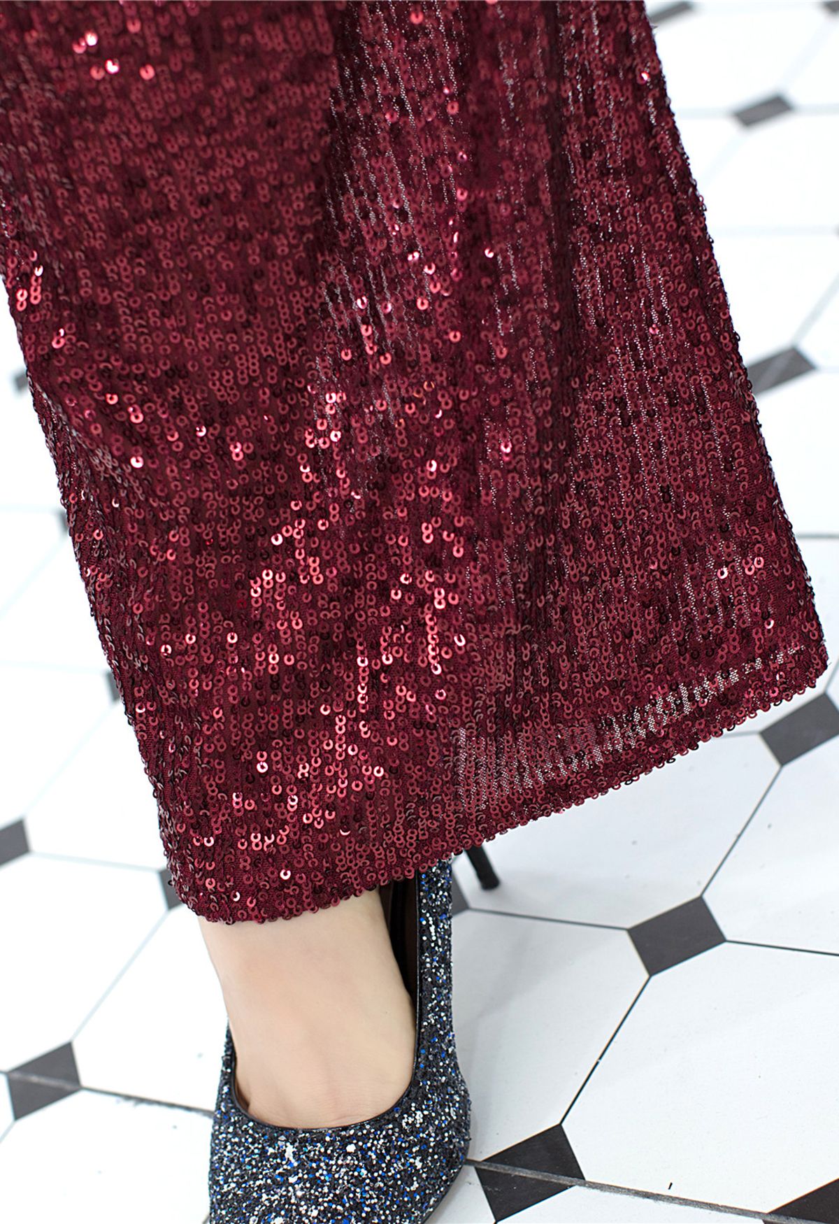 V-Neck Glitter Sequin Jumpsuit in Burgundy