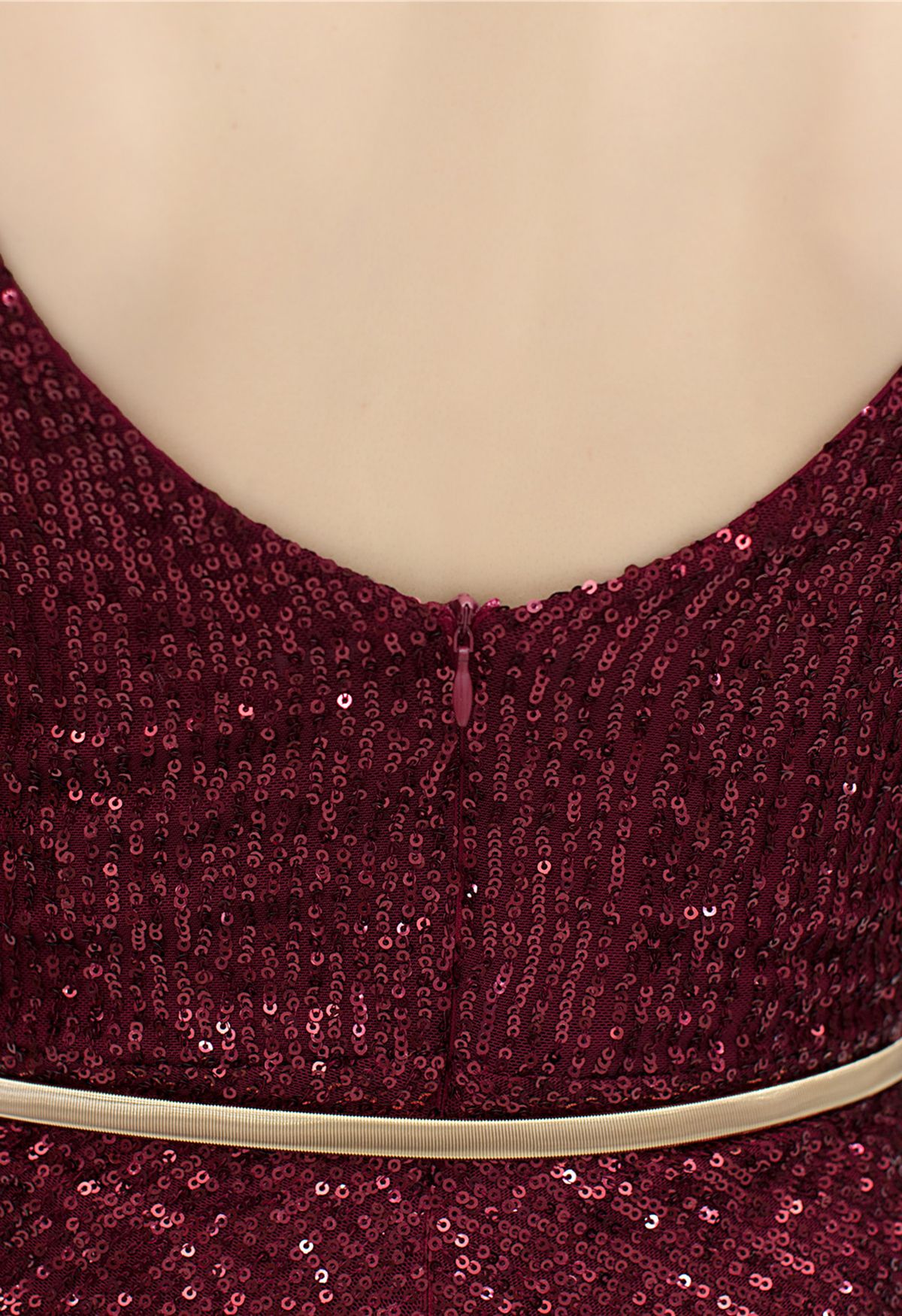 V-Neck Glitter Sequin Jumpsuit in Burgundy