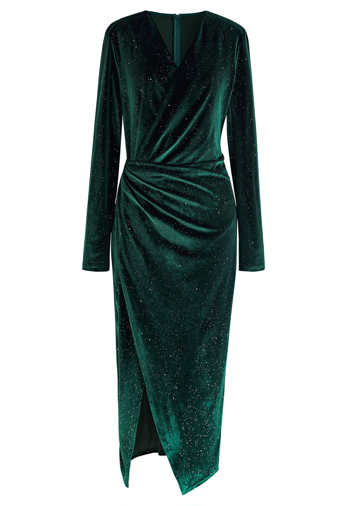 Glittery Velvet Wrap Midi Dress in Emerald