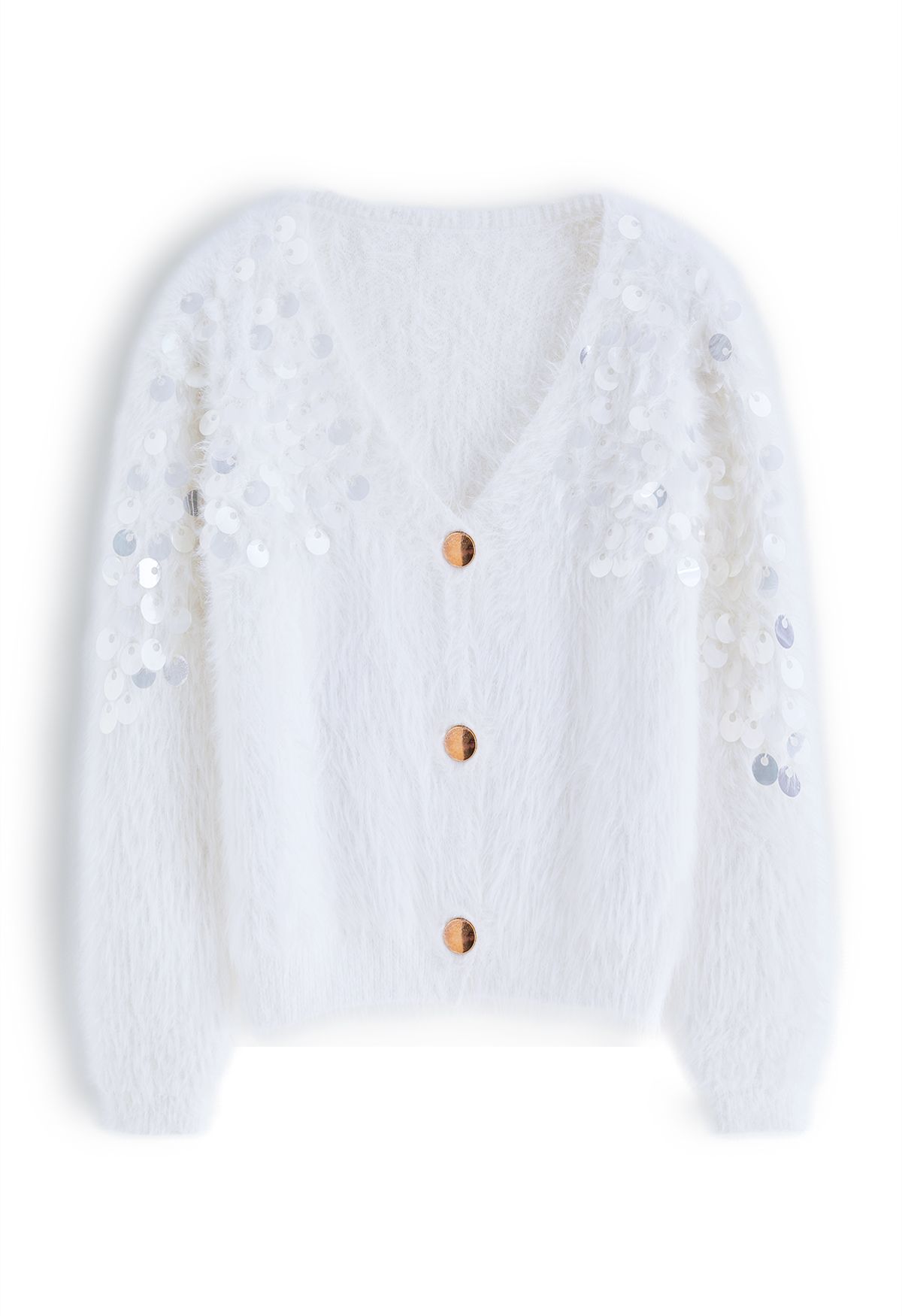 Fluffy V-Neck Sequins Buttoned Crop Cardigan in White