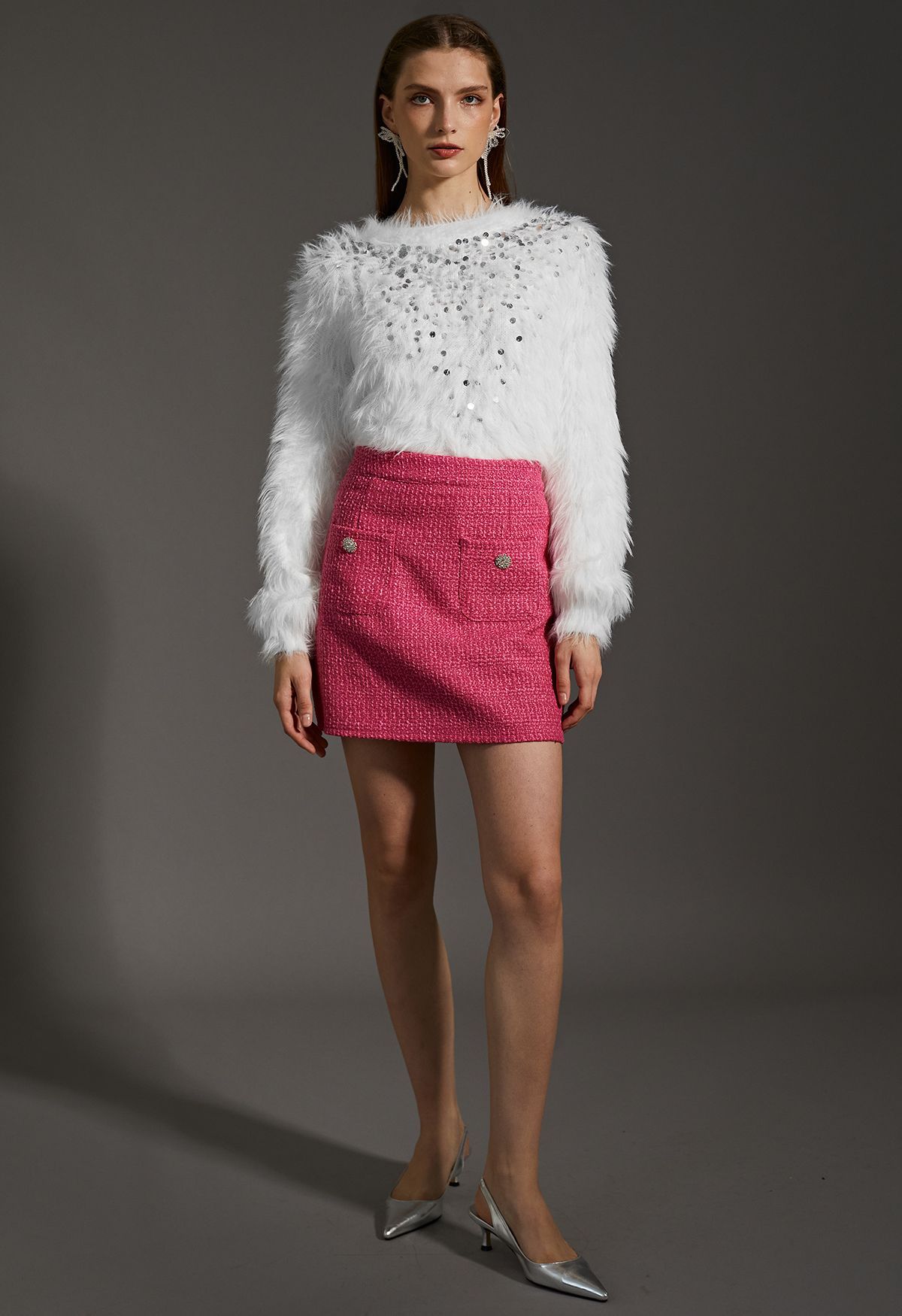 Glaring Snowflake Tweed Mini Skorts in Hot Pink