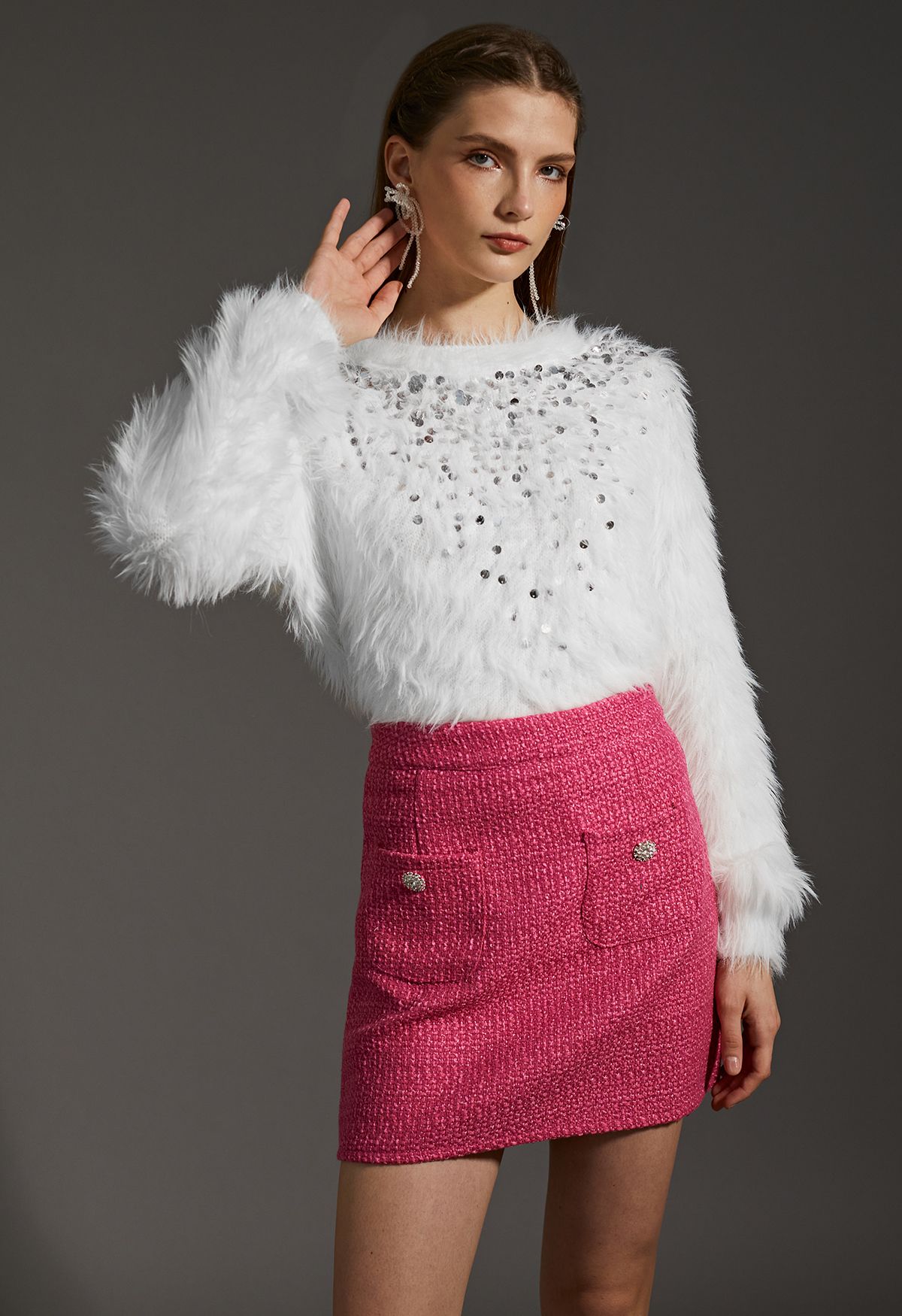Glaring Snowflake Tweed Mini Skorts in Hot Pink