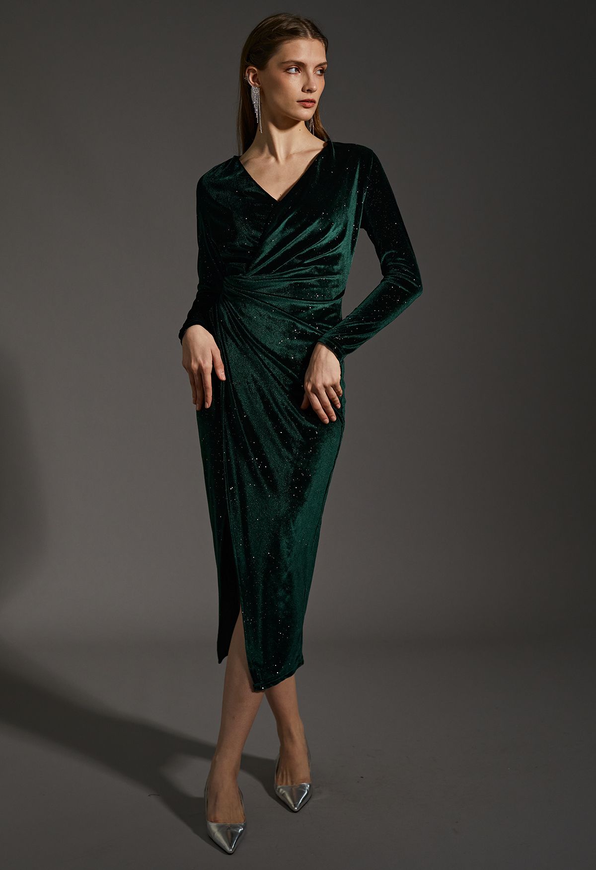 Glittery Velvet Wrap Midi Dress in Emerald