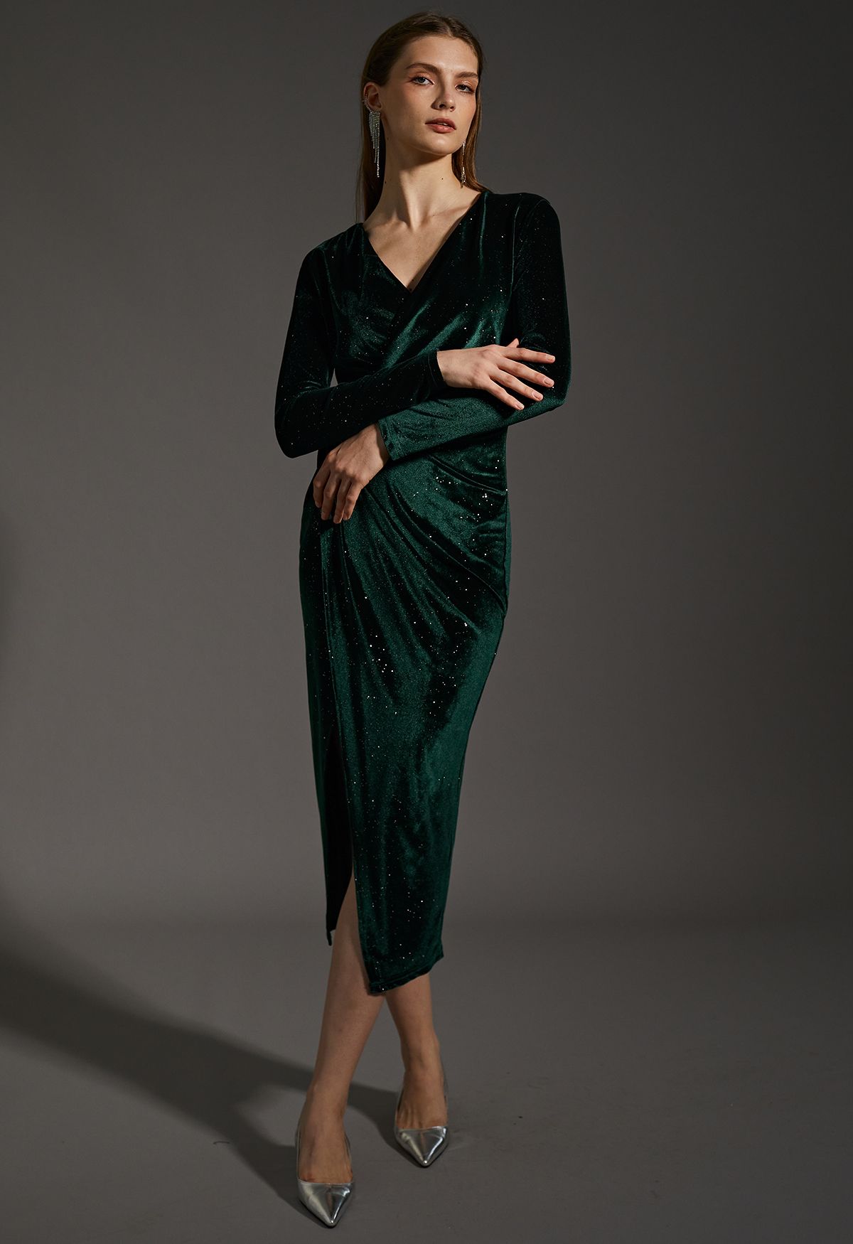 Glittery Velvet Wrap Midi Dress in Emerald