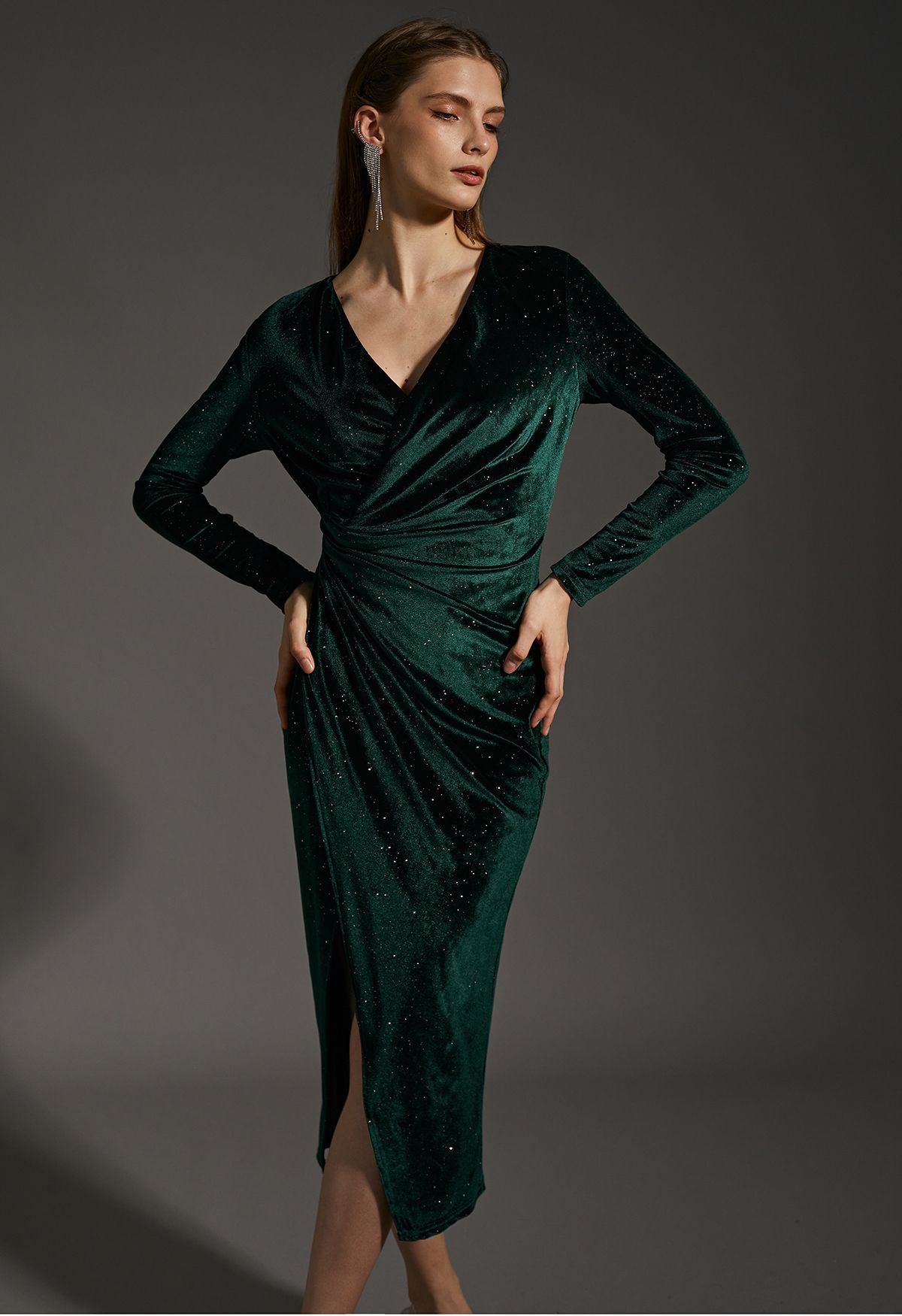 Glittery Velvet Wrap Midi Dress in Emerald