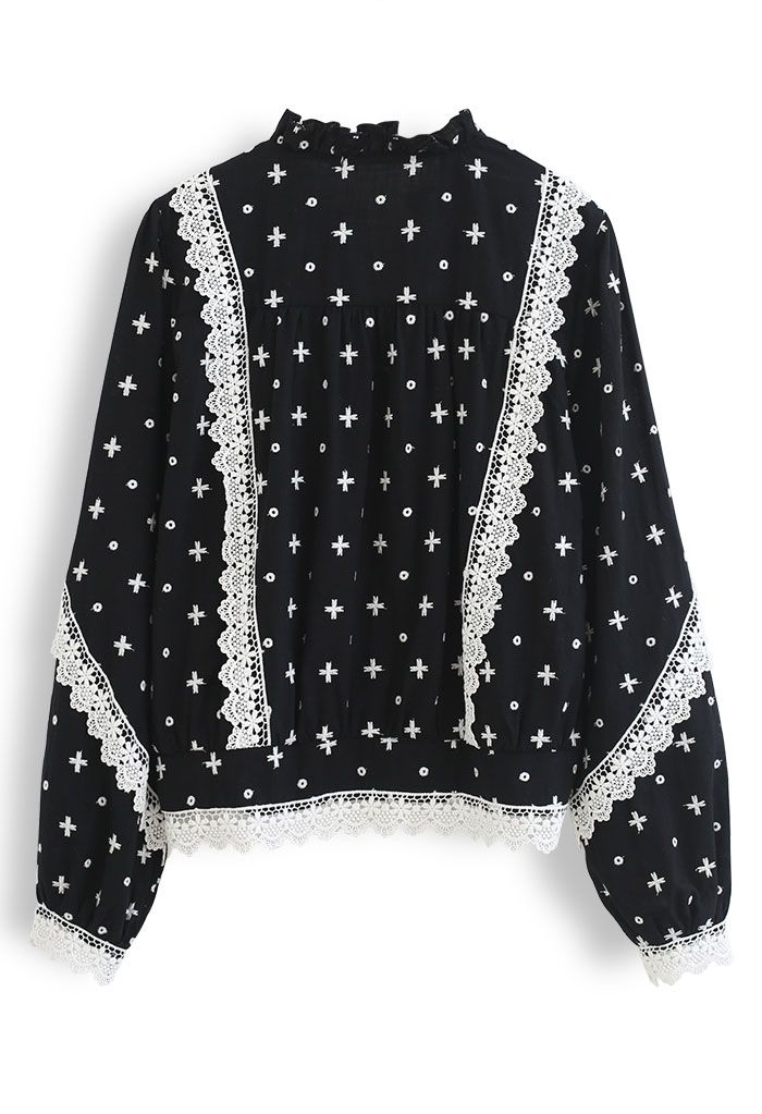 Tasseled V-Neck Embroidered Cotton Top in Black