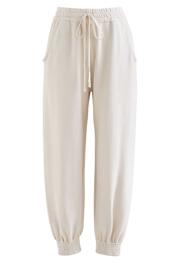 Knitted Drawstring Waist Tapered Joggers in Ivory
