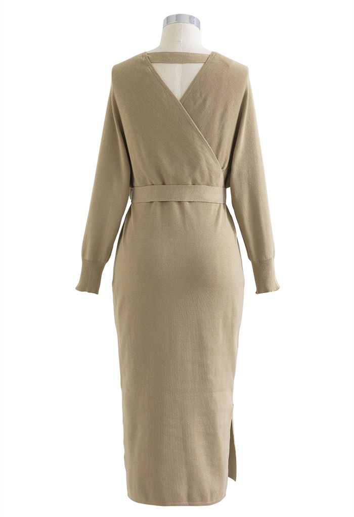 Batwing Sleeve Wrapped Midi Knit Dress in Camel