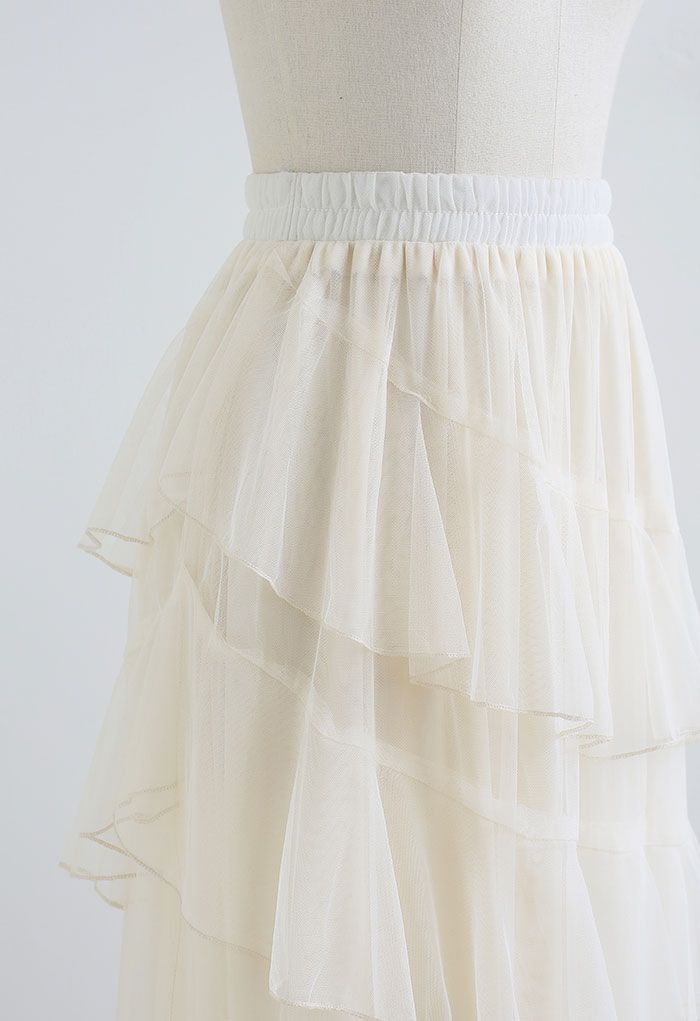 Airy Tiered Ruffle Mesh Tulle Midi Skirt in Cream