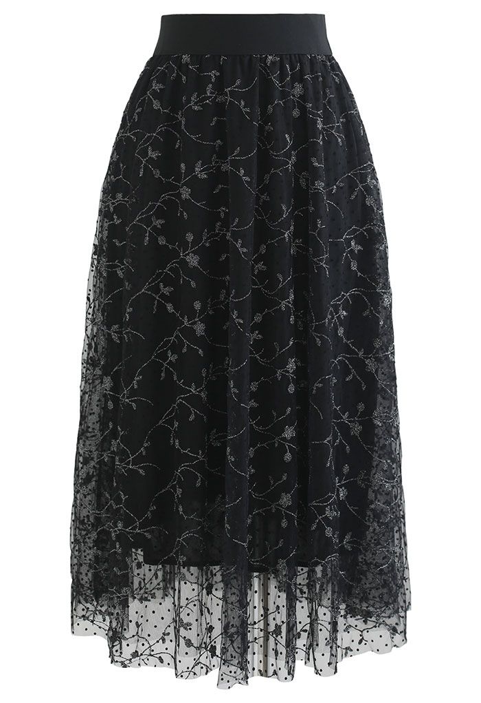Embroidered Vine Flock Dots Mesh Midi Skirt in Black