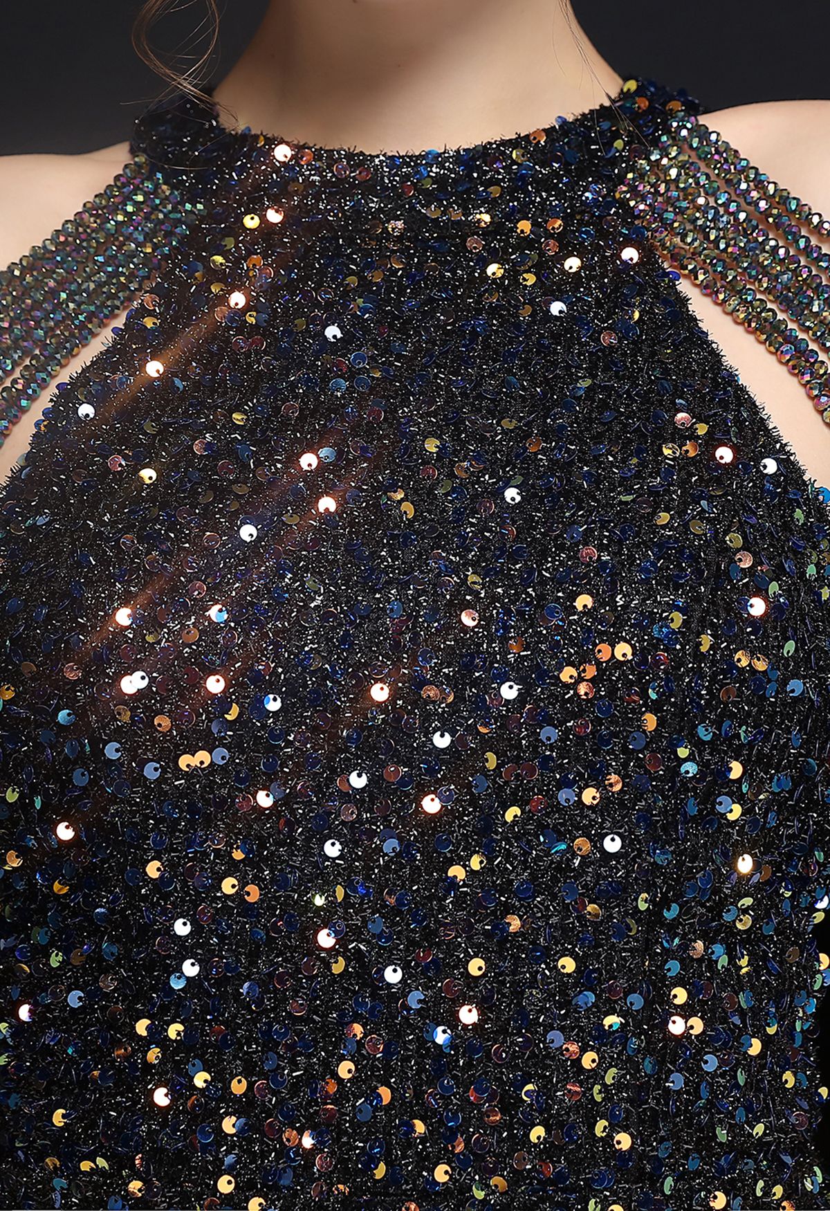 Sequins Halter Neck with Beads Cocktail Dress in Black