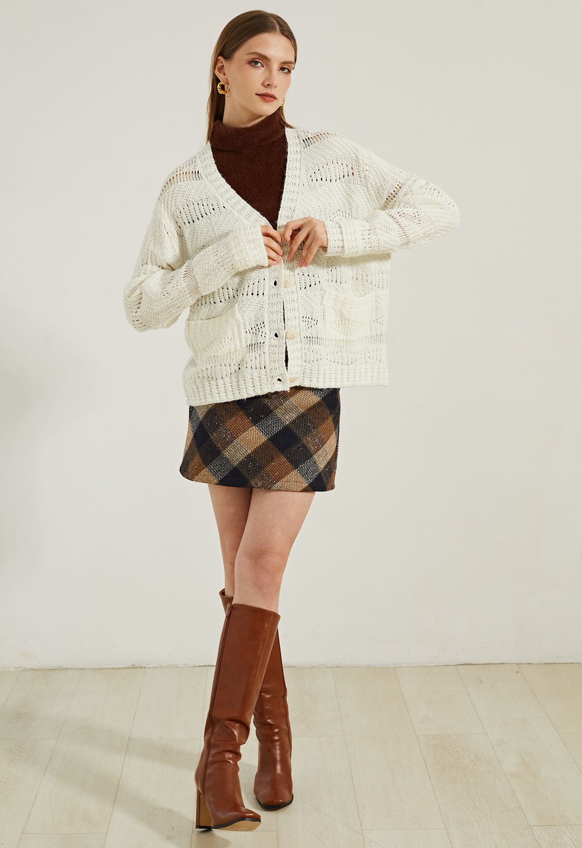 Button Down Openwork Knit Cardigan in Ivory