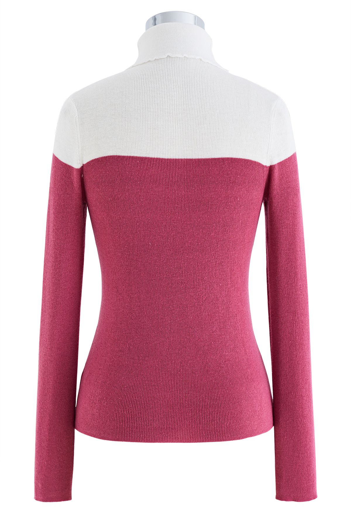Turtleneck Two-Tone Fitted Knit Top in Berry