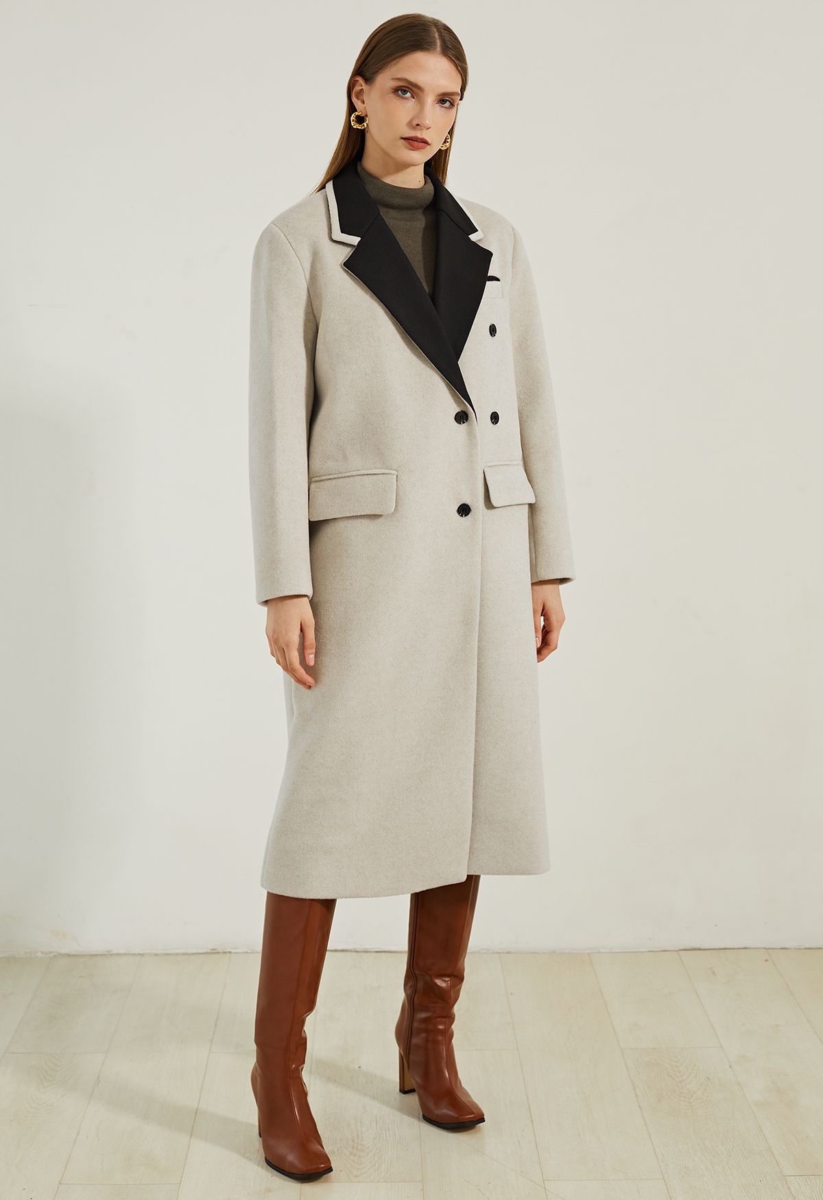 Contrast Collar Wool-Blend Longline Coat