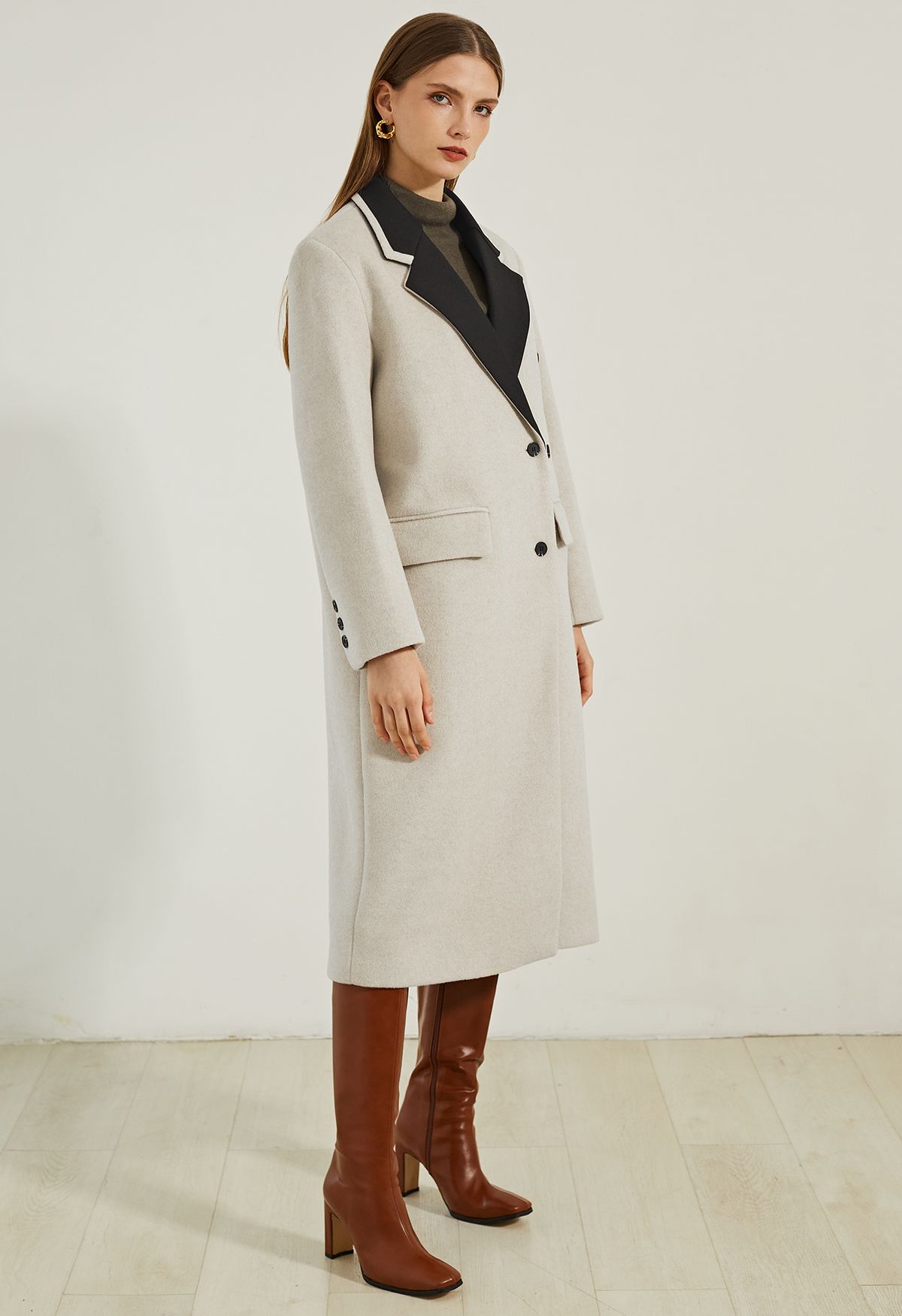 Contrast Collar Wool-Blend Longline Coat