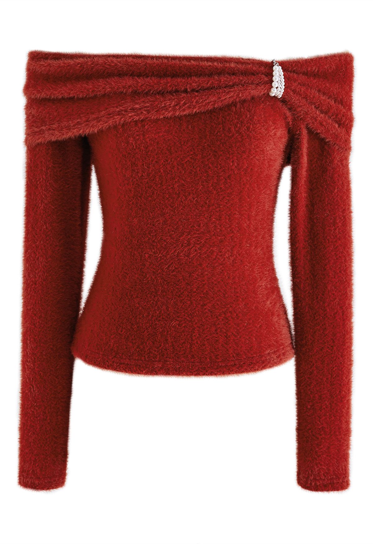 Pearl Decorated Fuzzy Knit Off-Shoulder Top in Red
