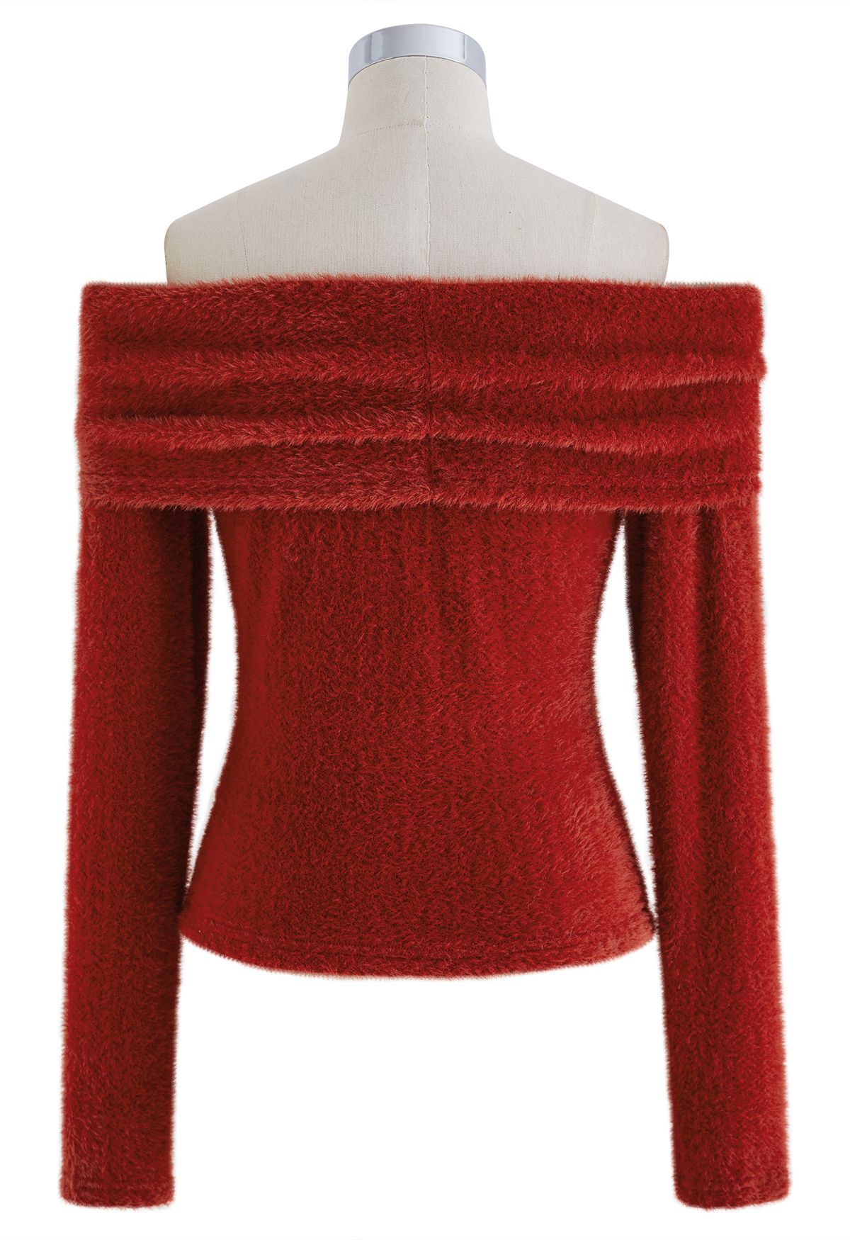 Pearl Decorated Fuzzy Knit Off-Shoulder Top in Red