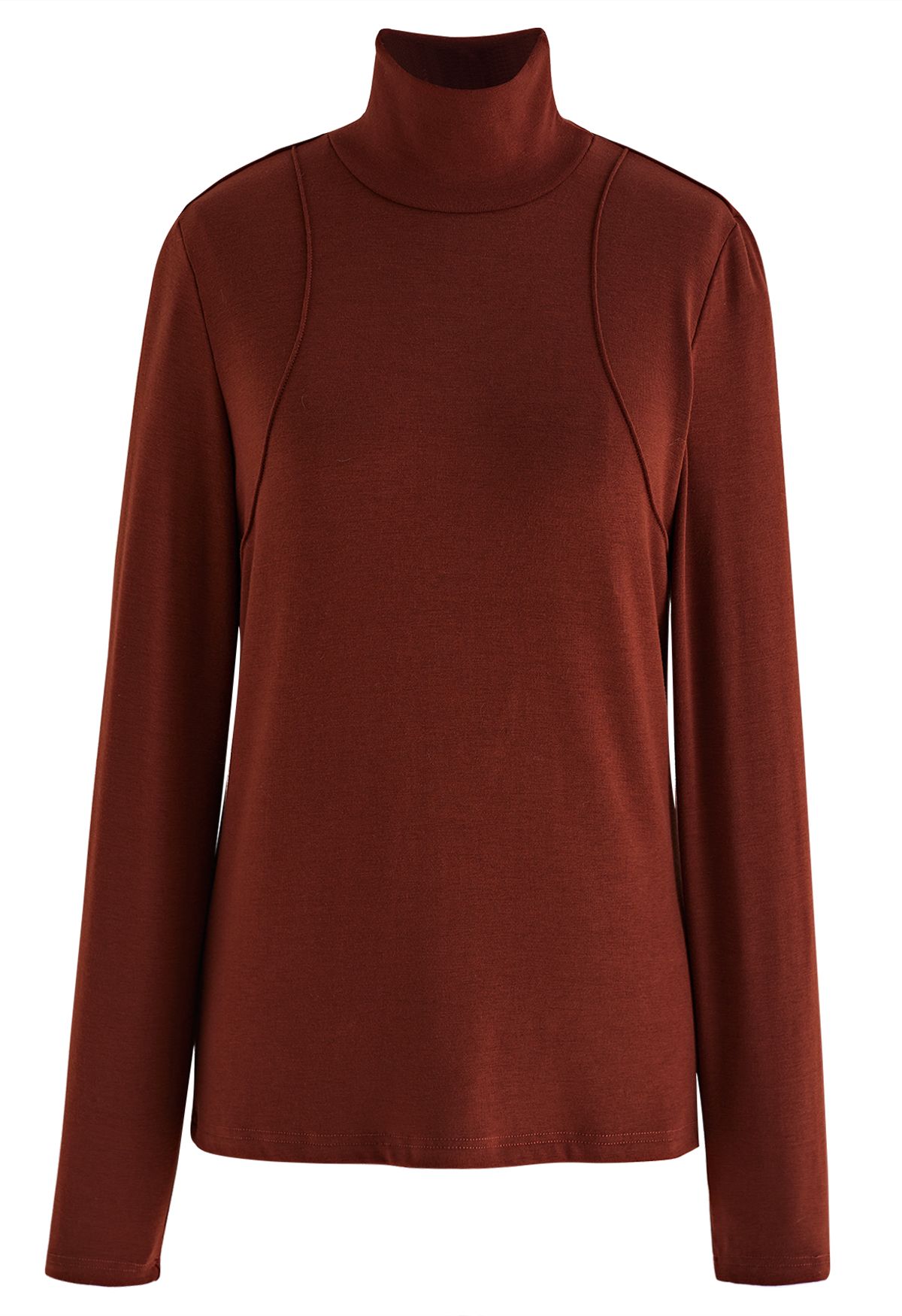 Embossed Seam Detail High Neck Knit Top in Rust Red