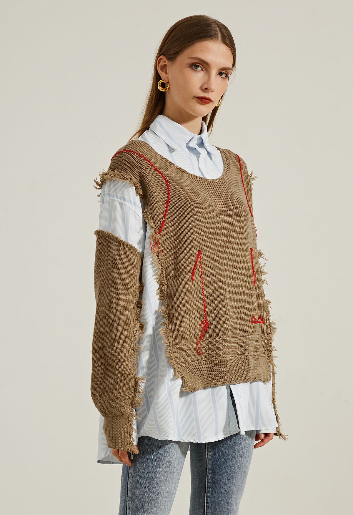Frayed Detail Knit Spliced Striped Oversized Shirt in Tan