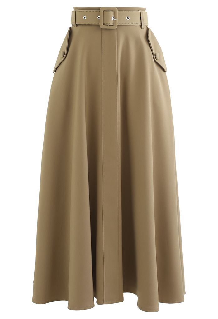 High Waist Side Pocket Belted Skirt in Khaki