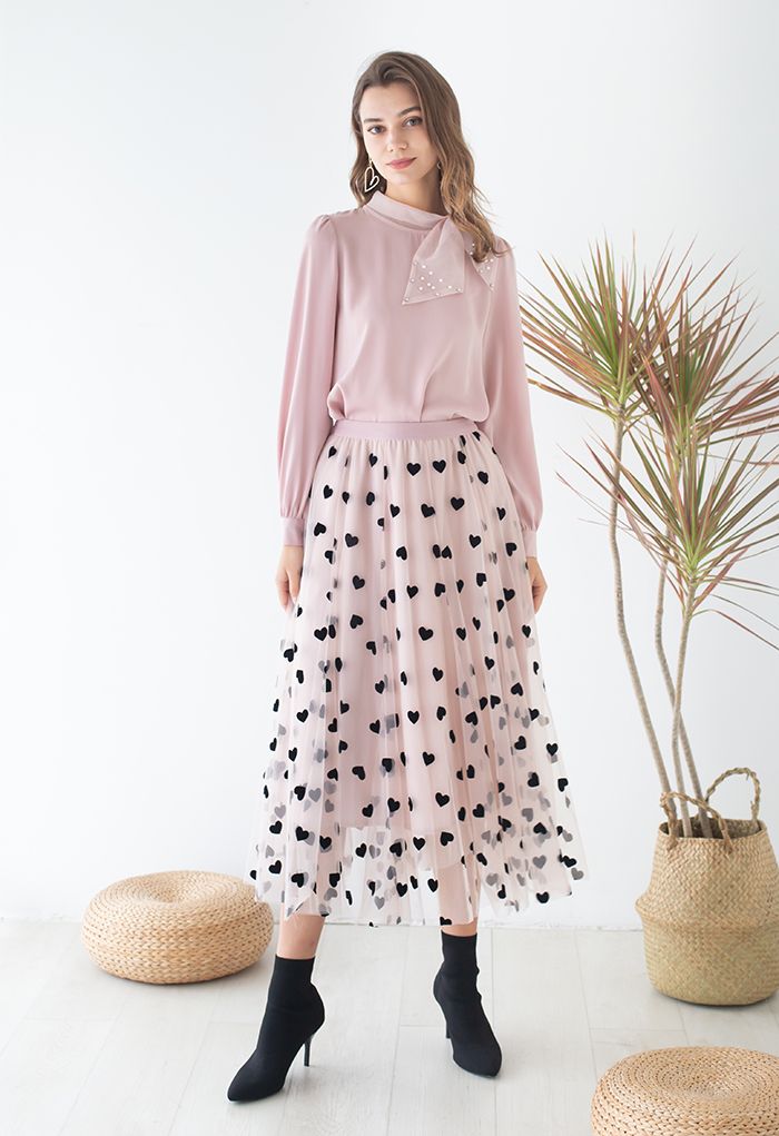 3D愛心雙層網紗半身長裙-粉紅色