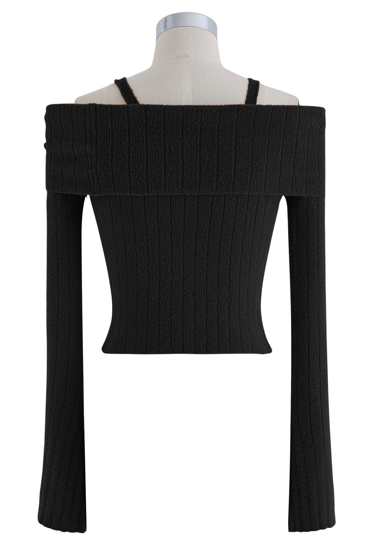 Cold-Shoulder Twist Cutout Crop Knit Top in Black