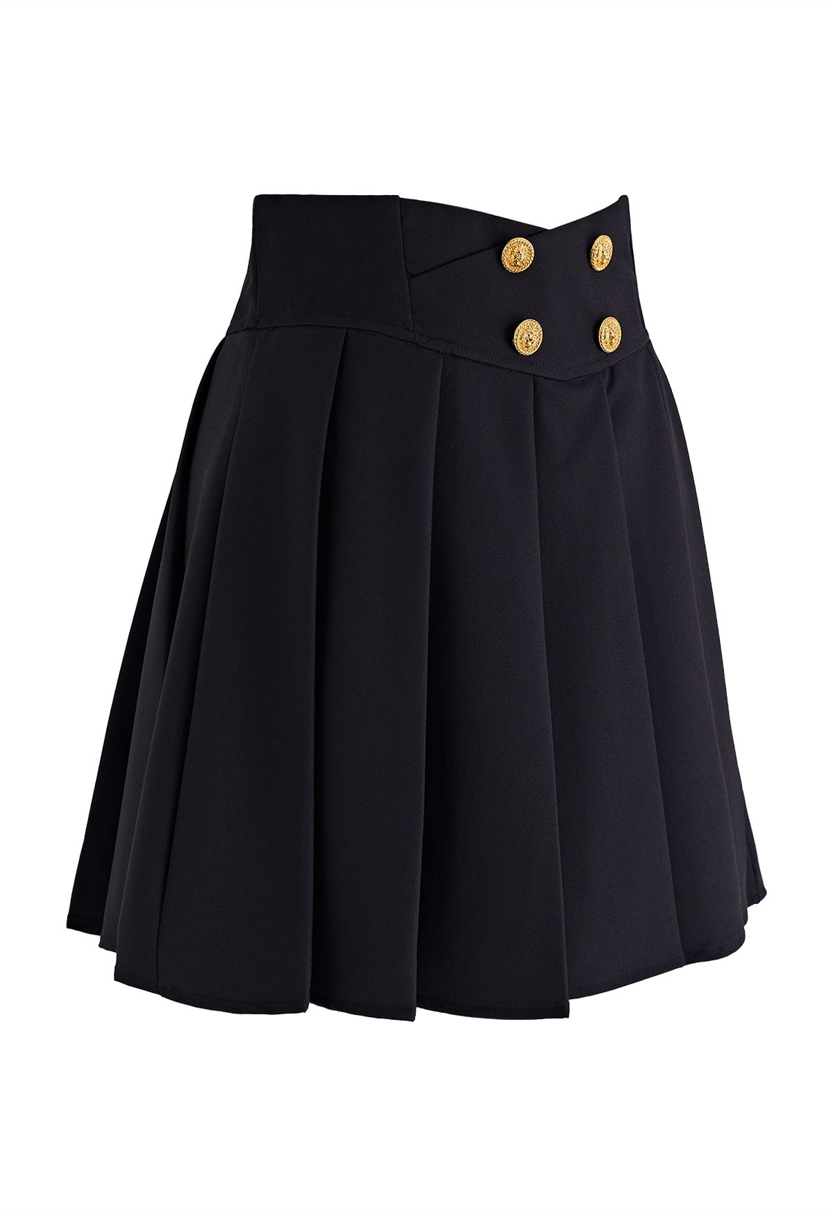 Golden Button Pleated Flare Mini Skirt in Black