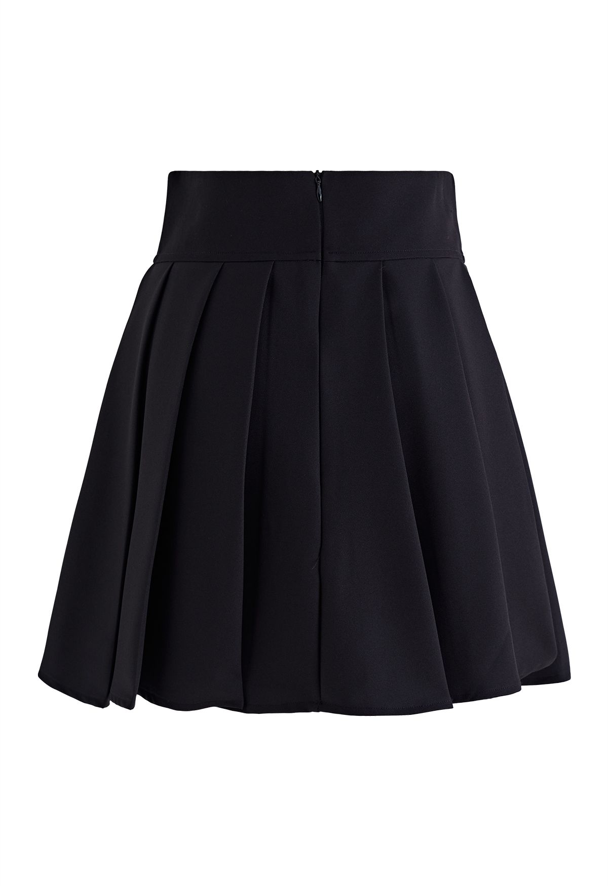 Golden Button Pleated Flare Mini Skirt in Black