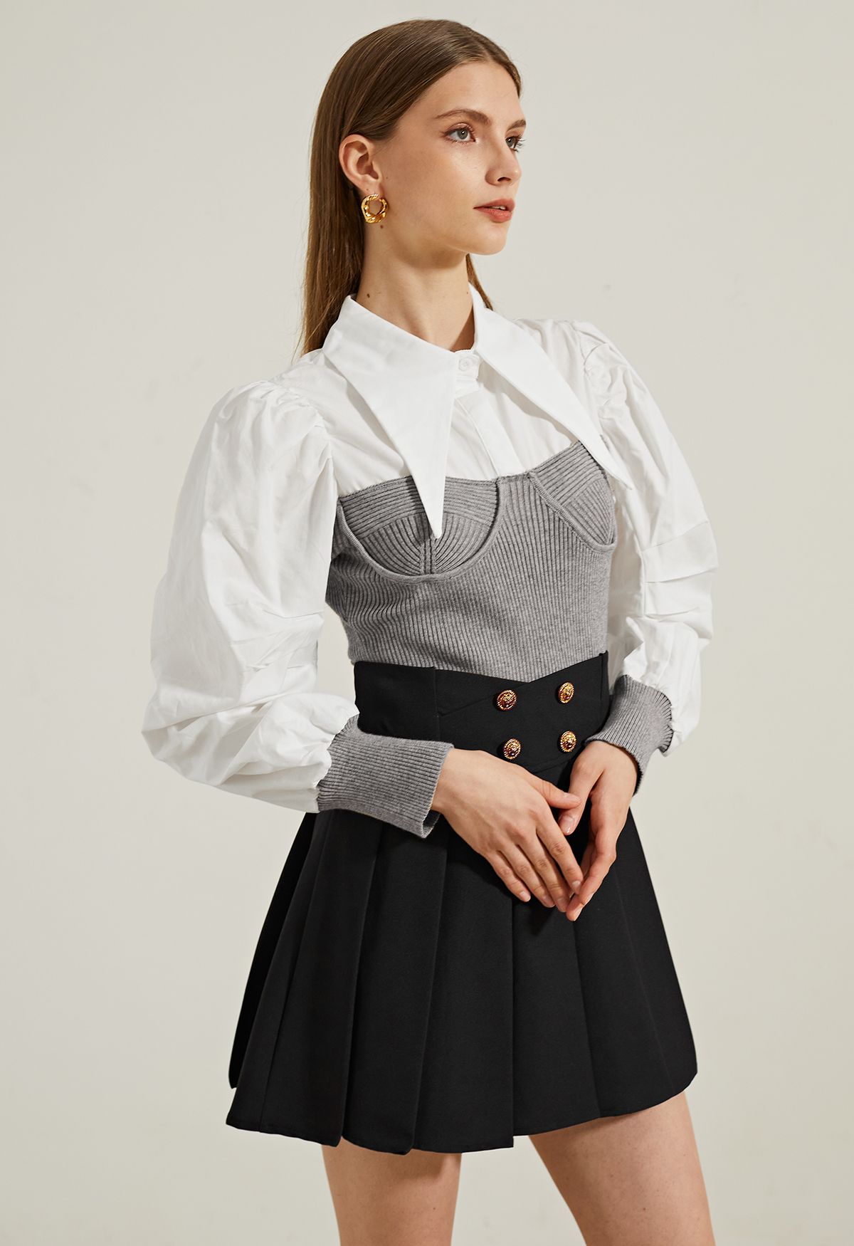 Pointed Collar Puff Sleeve Spliced Top in Grey