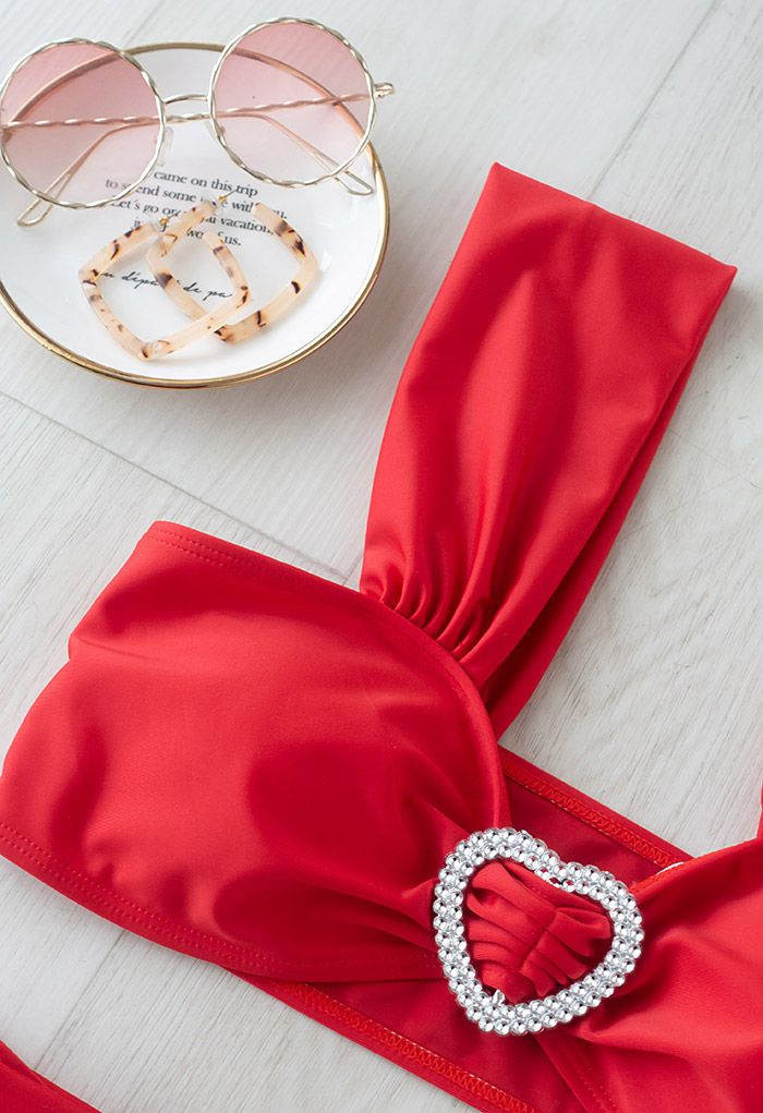 Crystal Heart Strappy Bikini Set in Red