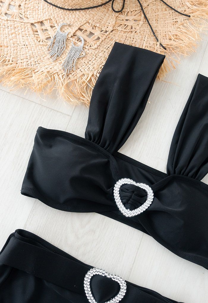 Crystal Heart Strappy Bikini Set in Black