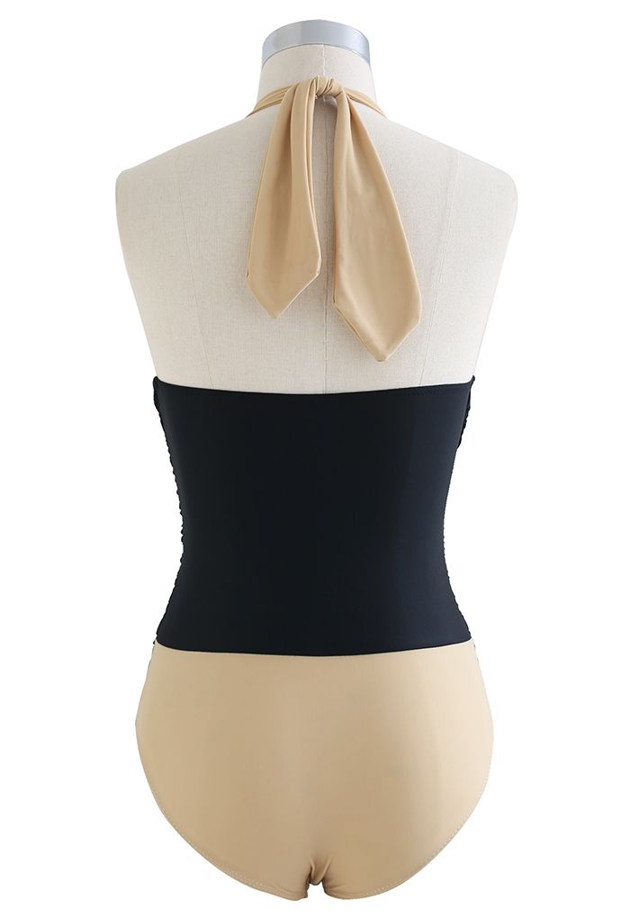 Two-Tone Self-Tie Bowknot Halter Swimsuit in Camel