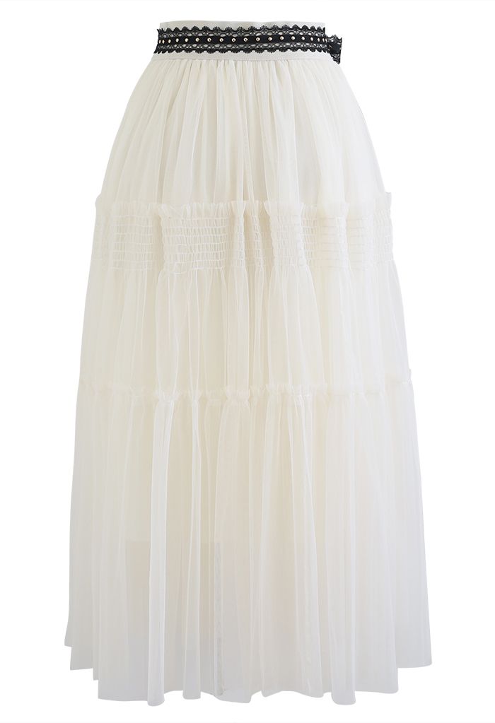 Riveted Lace Ribbon Ruffle Mesh Skirt in Cream