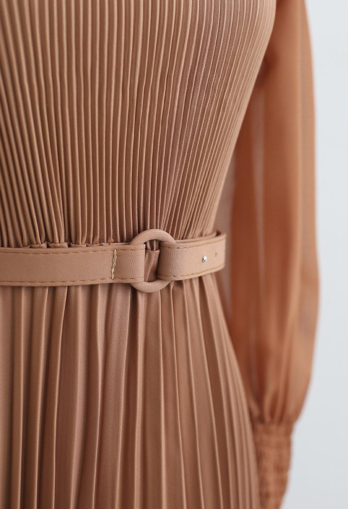 Full Pleated Belted Maxi Dress in Tan - Retro, Indie and Unique Fashion