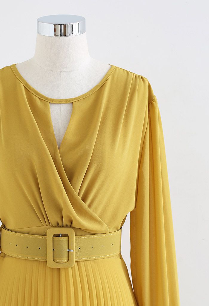 Flowy Chiffon Wrap Pleated Maxi Dress in Yellow