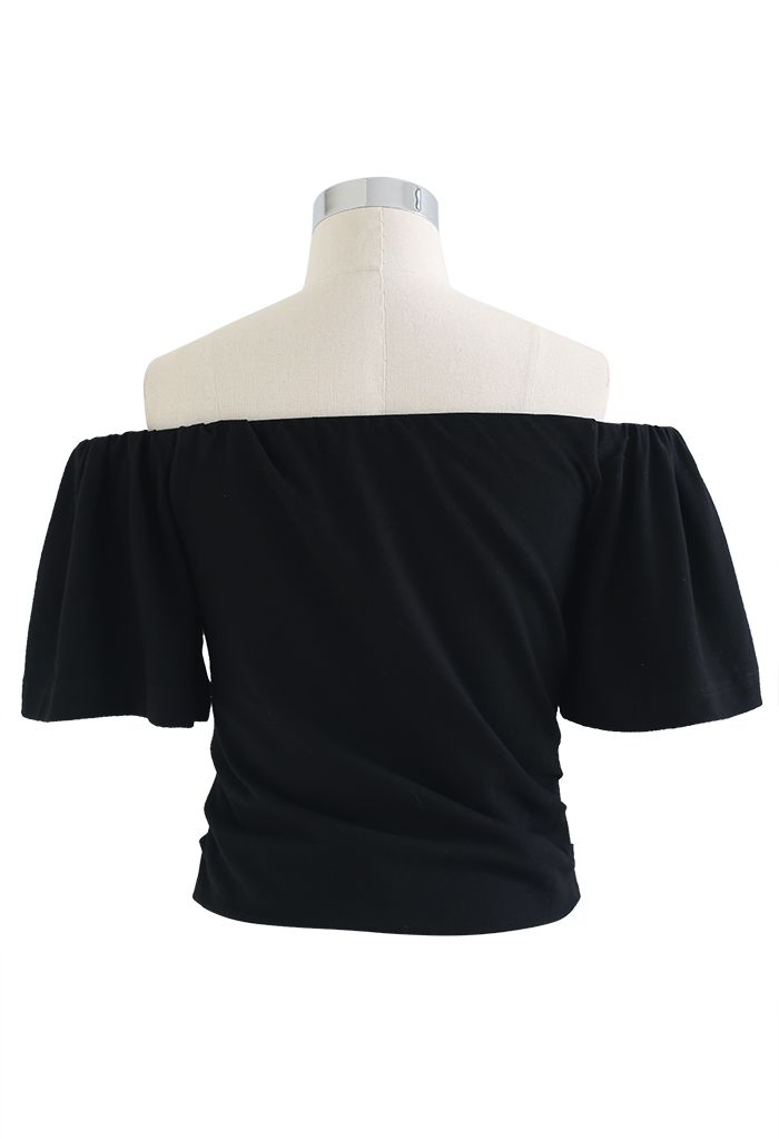 Off-Shoulder Short-Sleeve Cotton Crop Top in Black