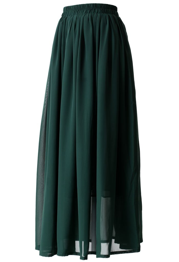 深綠色鬆緊腰身褶皺長裙