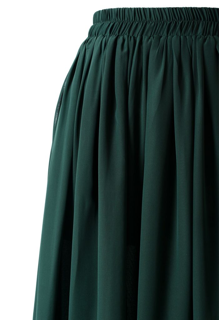深綠色鬆緊腰身褶皺長裙