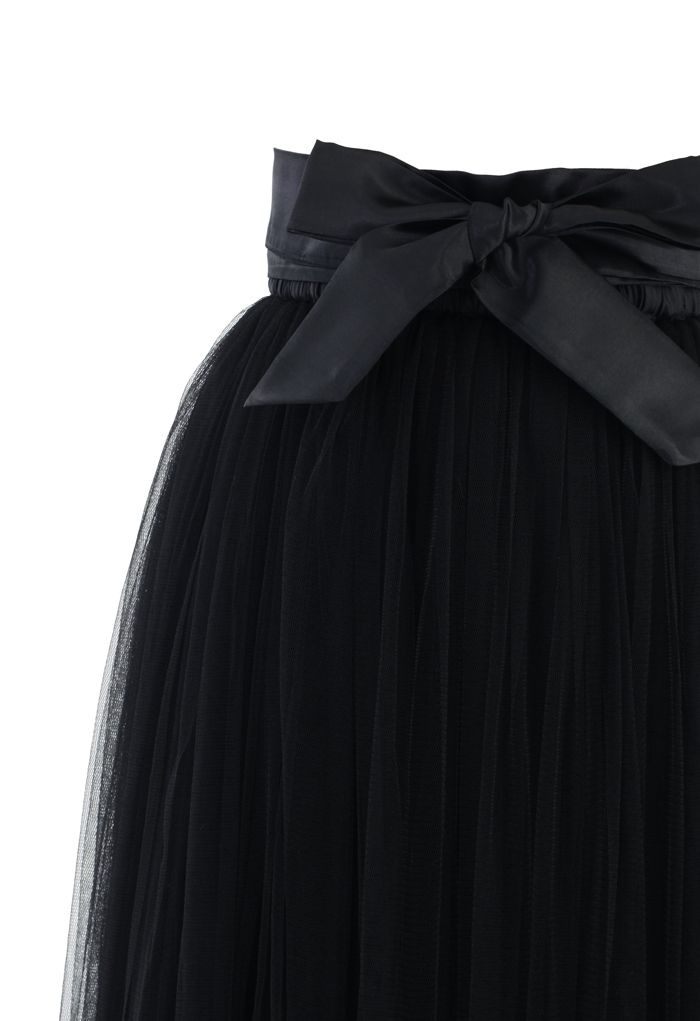腰部繫帶薄紗禮裙-黑色