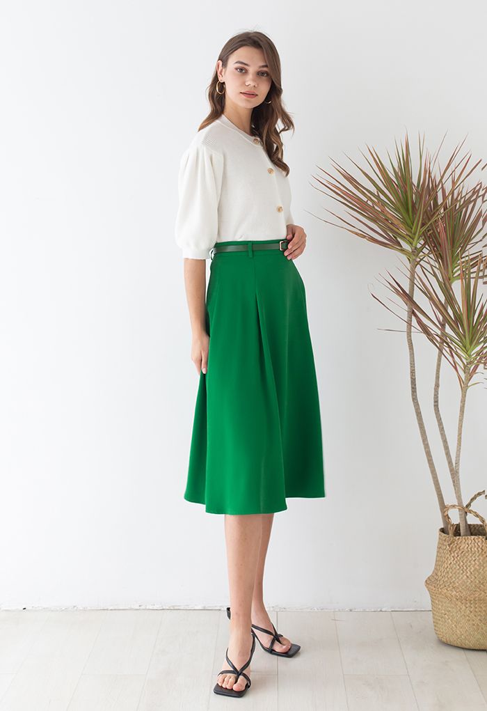 High Waist Belted Flare Midi Skirt in Green