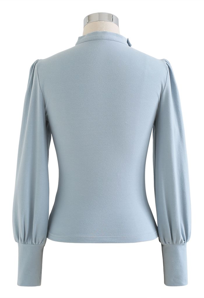 Buttoned Choker V-Neck Crop Top in Baby Blue
