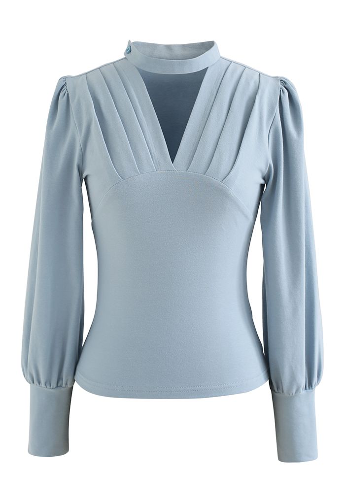 Buttoned Choker V-Neck Crop Top in Baby Blue